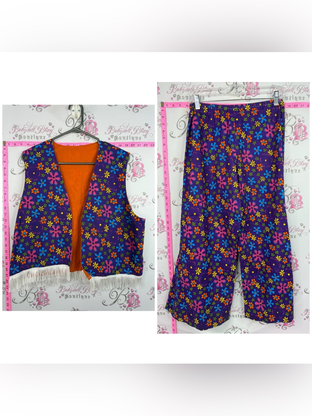SET top and pants groovy flower Purple Floral Wide-Leg Pants with Matching Vest